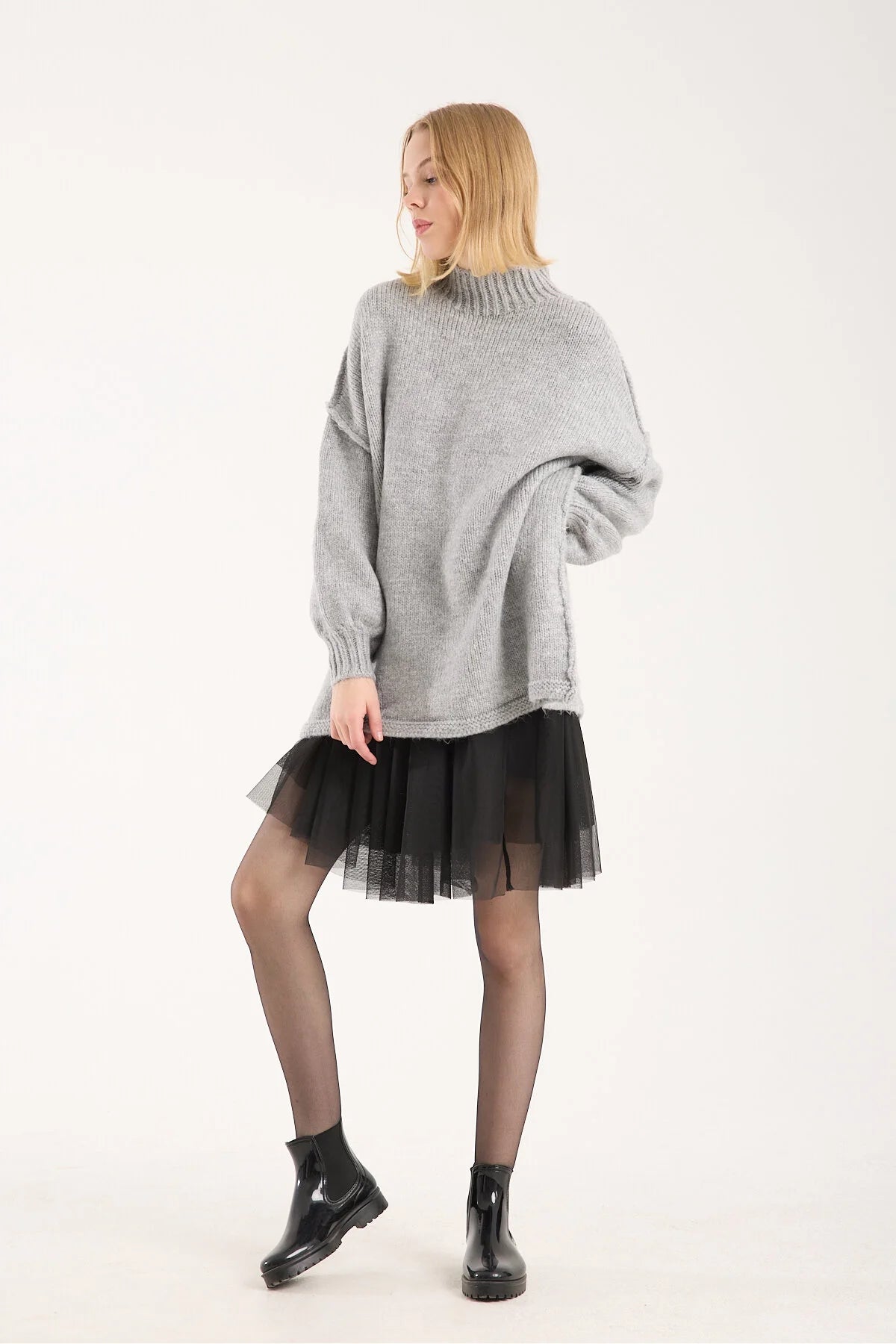 Yumoş ip ters dikiş oversize kadın kazak dik yaka 6513