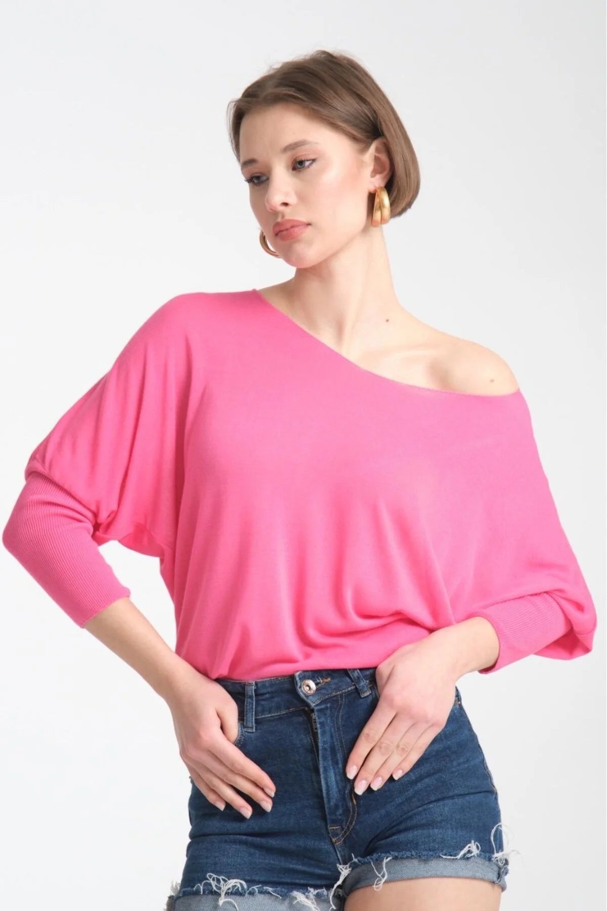 Kadın Giyim Bluz Ince Kazak U Yaka Omuz Düşük Uzunkol Rahat Kalıp Ince Viskon Üst Giyim 3500