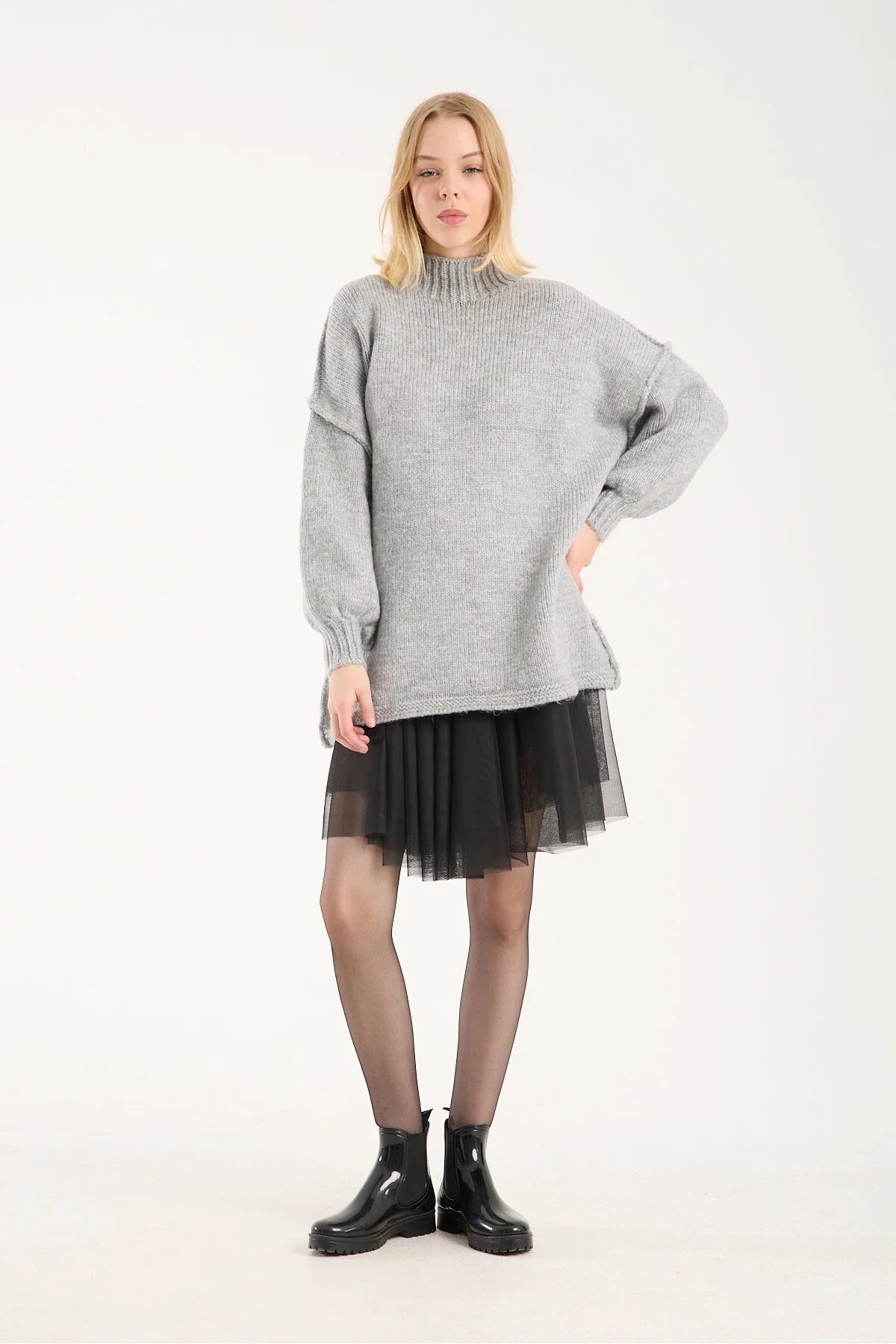 Yumoş ip ters dikiş oversize kadın kazak dik yaka 6513