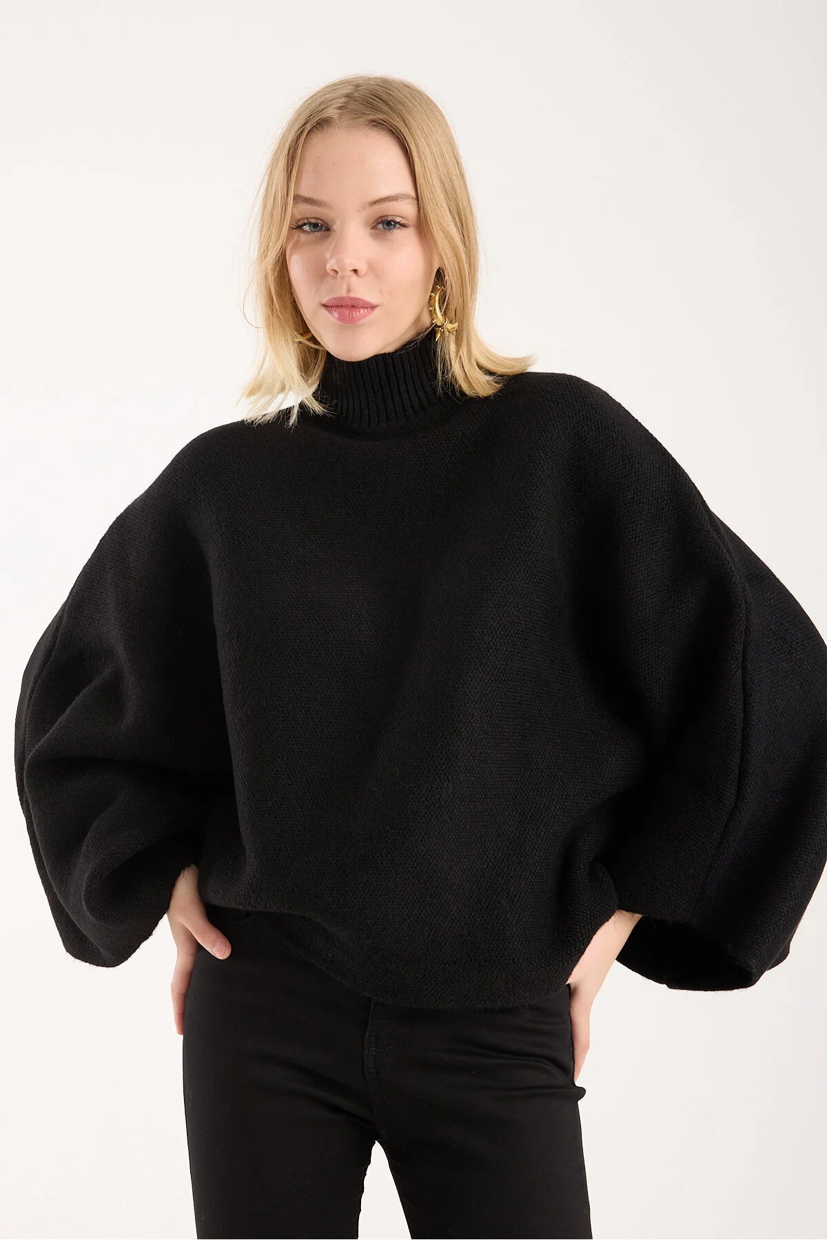 Yumoş ip pelerin dik yaka yarasa kol kadın kazak 6514