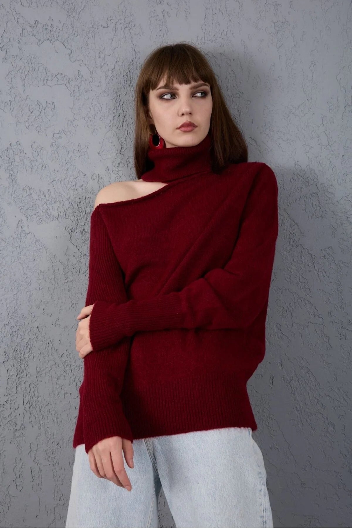 Kadın Triko Kazak Yumoş Omzu Açık Trend Yeni Yıl Kayak Rahat Kesim 6512