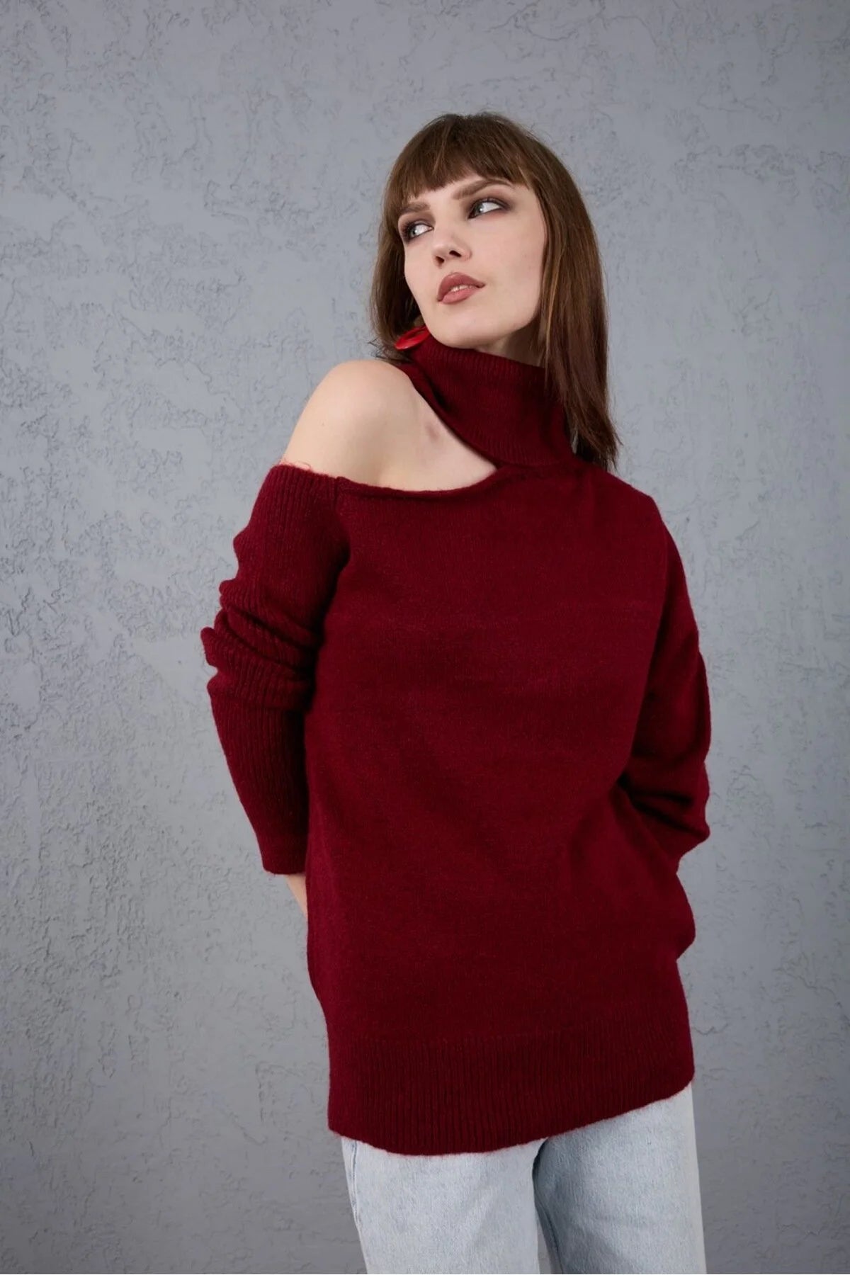 Kadın Triko Kazak Yumoş Omzu Açık Trend Yeni Yıl Kayak Rahat Kesim 6512