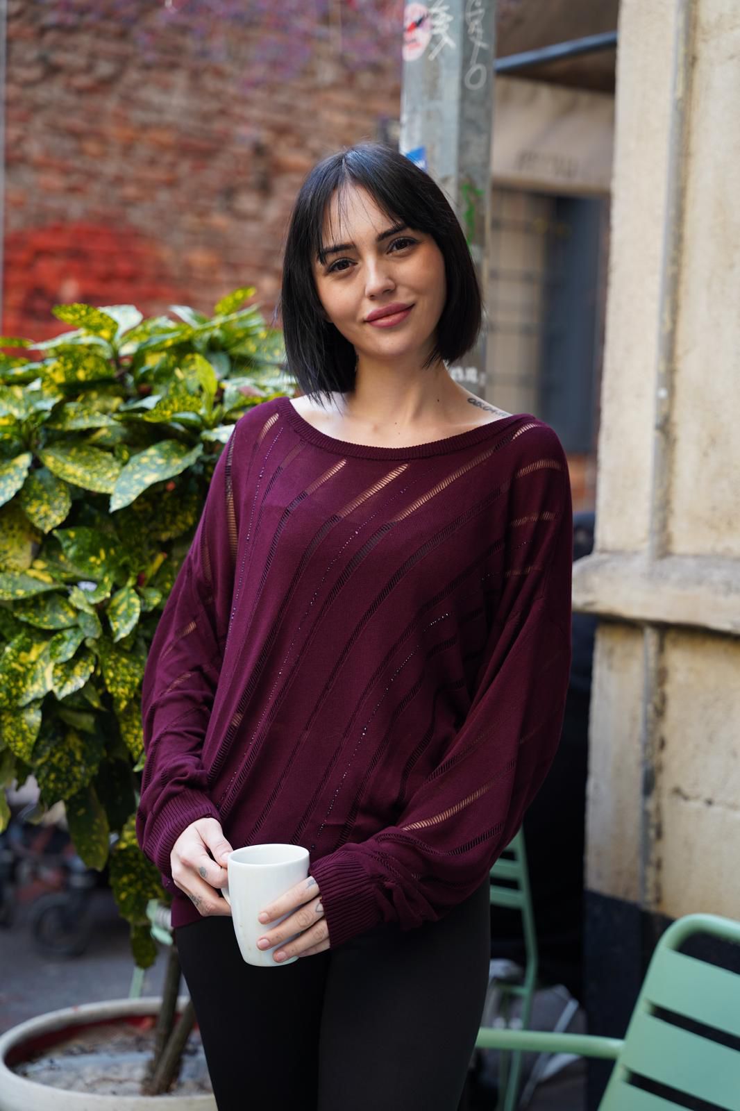 Kadın triko kazak yumuşak doku viskon ip geniş yaka 3514