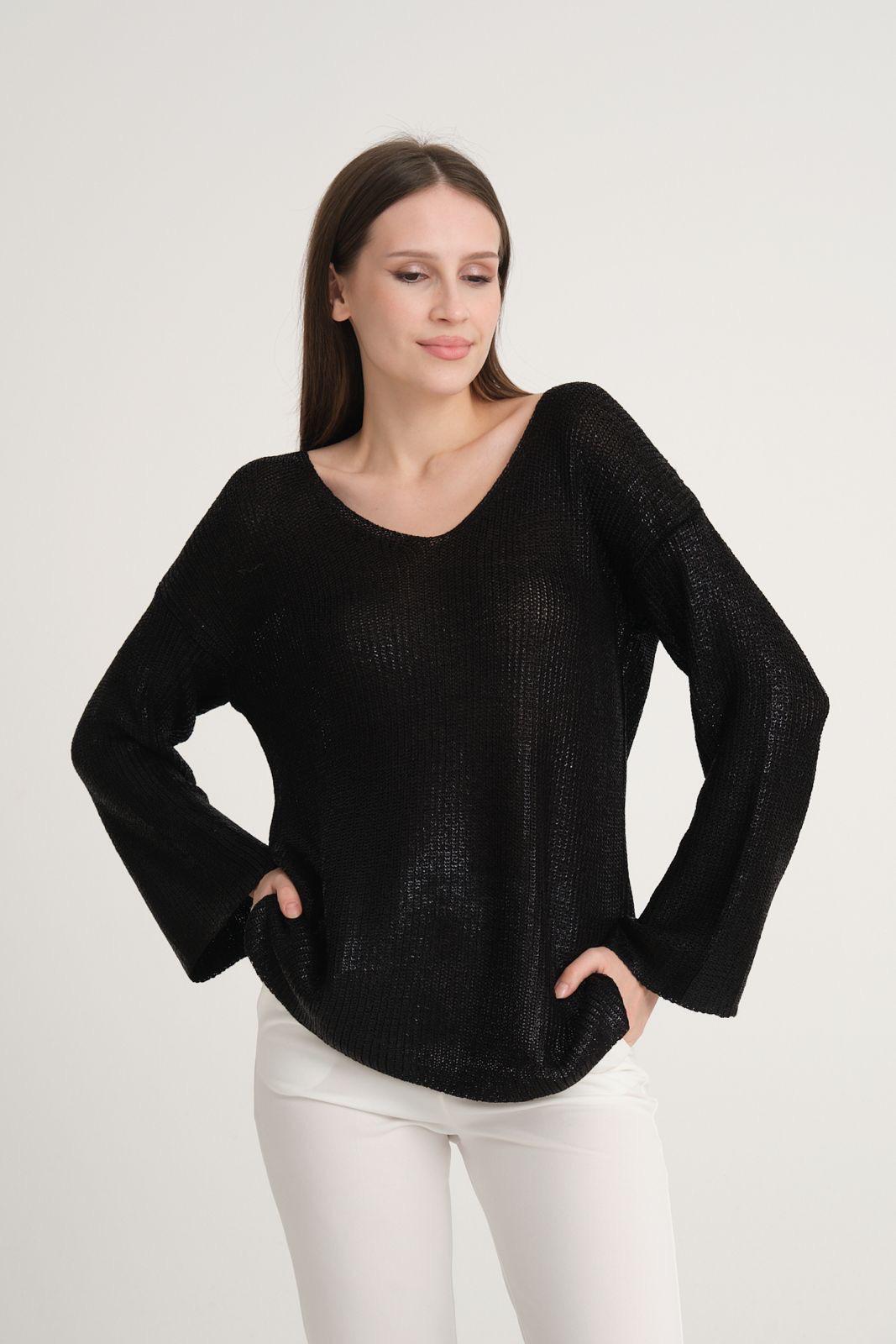 Kadın Triko Kazak Varak Kaplama Yeni Yıl Işıltılı V Yaka Parlak Uzun Kazak 3524