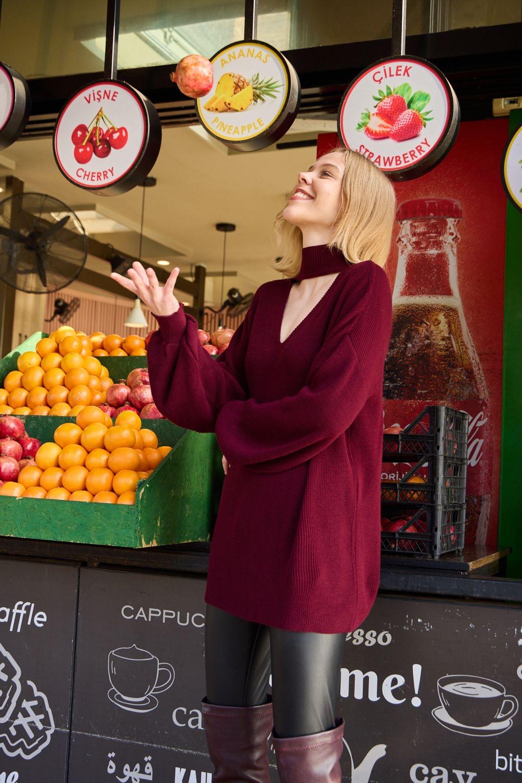 Kadın ön yaka V dik yaka salaş balon kol örme triko kazak 3552