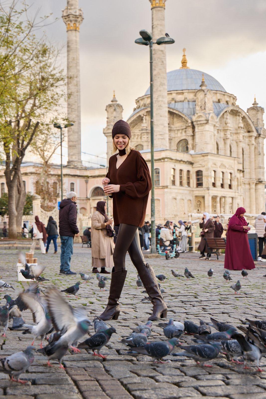 Kadın ön yaka V dik yaka salaş balon kol örme triko kazak 3552