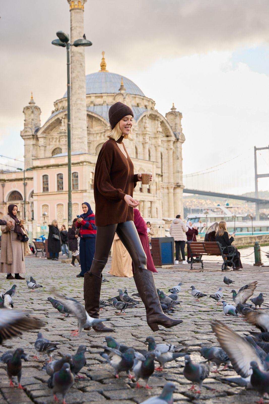 Kadın ön yaka V dik yaka salaş balon kol örme triko kazak 3552