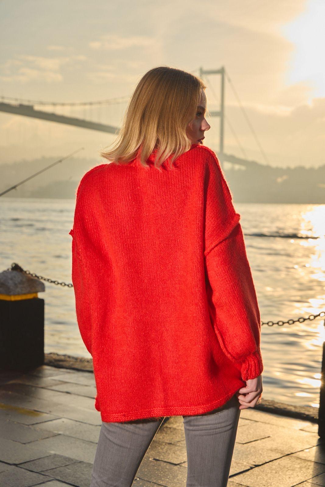 Yumoş ip ters dikiş oversize kadın kazak dik yaka 6513